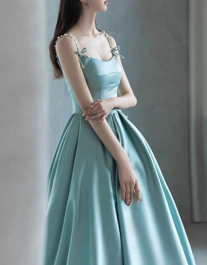 Vintage Turquoise Satin A-Line Evening Gown Spaghetti Strap Party Dress Long Formal Dress TP4954