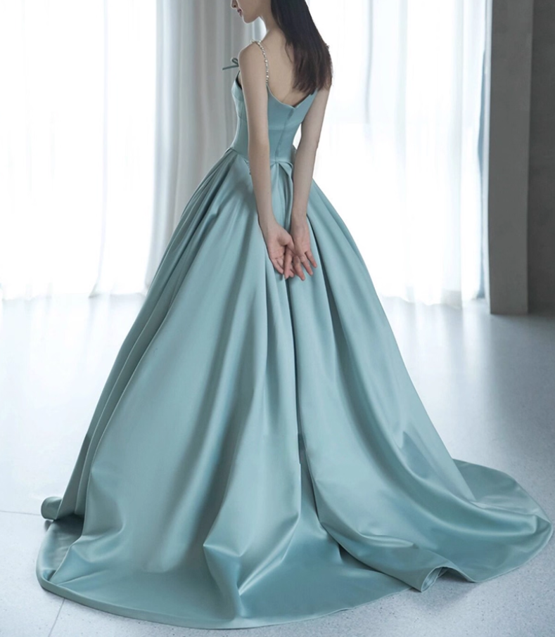 Vintage Turquoise Satin A-Line Evening Gown Spaghetti Strap Party Dress Long Formal Dress TP4954