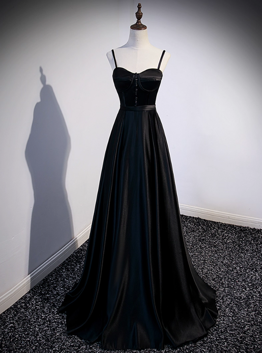 Vintage Black Satin A-Line Evening Gown Sweetheart Spaghetti Strap Party Dress Long Formal Dress TP4956
