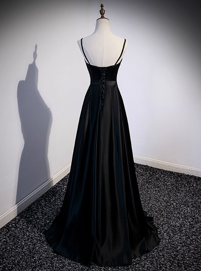 Vintage Black Satin A-Line Evening Gown Sweetheart Spaghetti Strap Party Dress Long Formal Dress TP4956