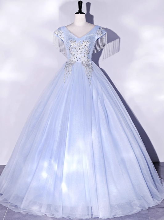 Vintage Sky Blue Tulle Beaded A-Line Evening Gown V-neck Cap Sleeves Party Dress Long Formal Dress TP4957