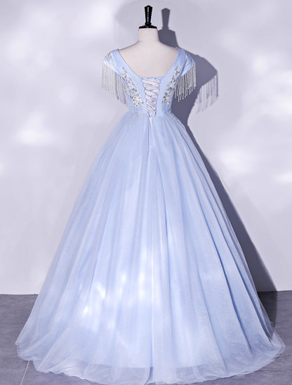 Vintage Sky Blue Tulle Beaded A-Line Evening Gown V-neck Cap Sleeves Party Dress Long Formal Dress TP4957