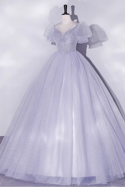 Vintage Hazy Blue Tulle Beaded A-Line Evening Gown Short-sleeved Party Dress Long Formal Dress TP4958