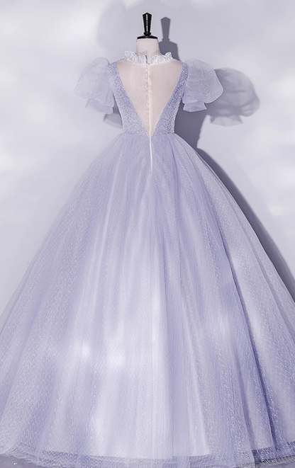 Vintage Hazy Blue Tulle Beaded A-Line Evening Gown Short-sleeved Party Dress Long Formal Dress TP4958