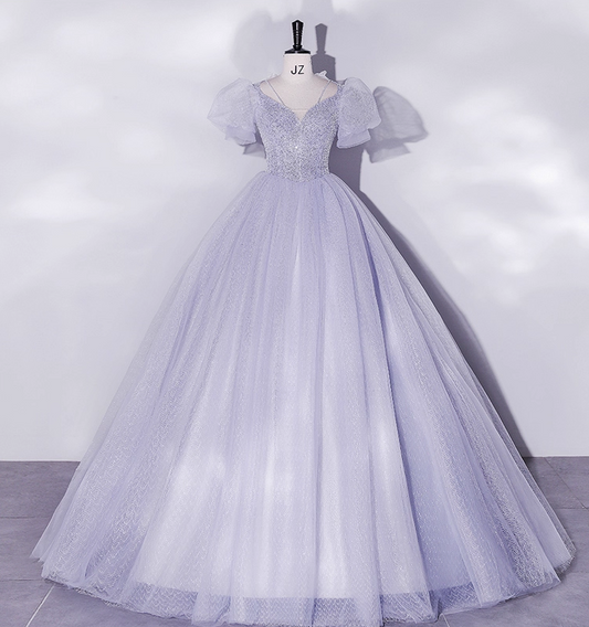 Vintage Hazy Blue Tulle Beaded A-Line Evening Gown Short-sleeved Party Dress Long Formal Dress TP4958