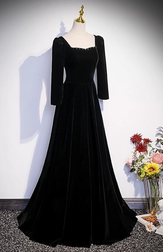 Elegant Black Velvet Beaded A-Line Evening Gown Long-sleeved Party Dress Long Formal Dress TP4959