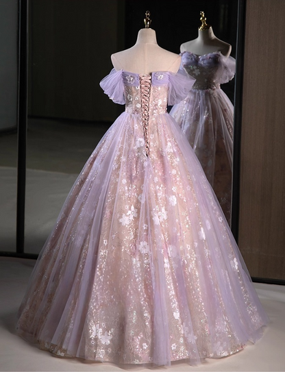 Elegant Lilac Applique Sweet 16 Sweetheart off-the shoulder A-Line Tulle Quinceanera Ball Gown TP5201