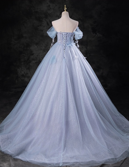 Elegant Sky Blue Applique Sweet 16 A-Line Sweetheart off-the shoulder Tulle Quinceanera Ball Gown TP5202
