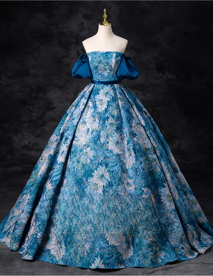 Elegant Blue Floral Satin Sweet 16 A-Line Off-the-shoulder Quinceanera Ball Gown TP5204