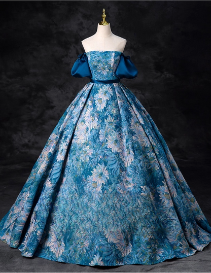 Elegant Blue Floral Satin Sweet 16 A-Line Off-the-shoulder Quinceanera Ball Gown TP5204