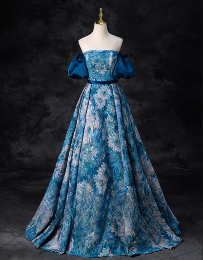 Elegant Blue Floral Satin Sweet 16 A-Line Off-the-shoulder Quinceanera Ball Gown TP5204
