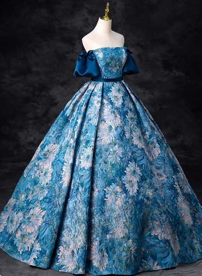 Elegant Blue Floral Satin Sweet 16 A-Line Off-the-shoulder Quinceanera Ball Gown TP5204