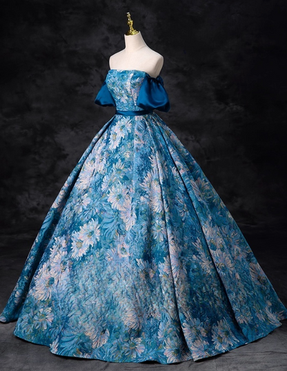 Elegant Blue Floral Satin Sweet 16 A-Line Off-the-shoulder Quinceanera Ball Gown TP5204
