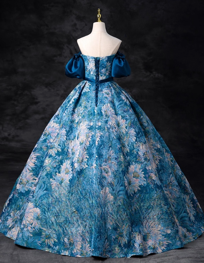 Elegant Blue Floral Satin Sweet 16 A-Line Off-the-shoulder Quinceanera Ball Gown TP5204