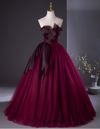 Elegant Burgundy Tulle Sweet 16 A-Line Strapless Quinceanera Ball Gown TP5206