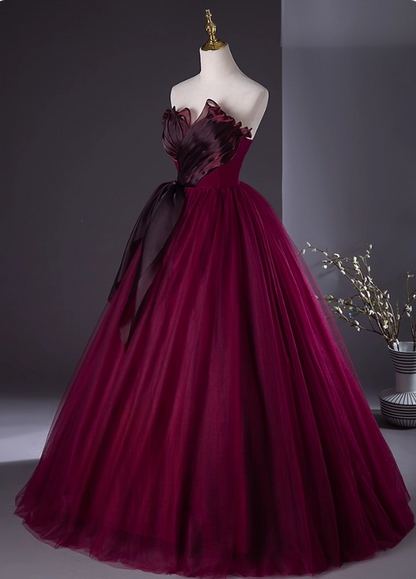 Elegant Burgundy Tulle Sweet 16 A-Line Strapless Quinceanera Ball Gown TP5206