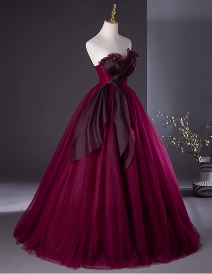 Elegant Burgundy Tulle Sweet 16 A-Line Strapless Quinceanera Ball Gown TP5206