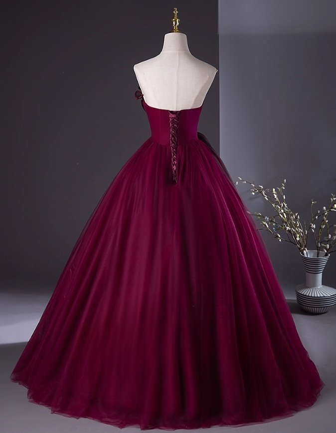 Elegant Burgundy Tulle Sweet 16 A-Line Strapless Quinceanera Ball Gown TP5206