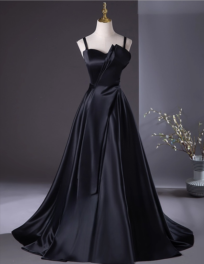 Glamorous Black Satin Prom Dress A-Line Evening Gown Spaghetti Strap Party Dress Long Evening Gown TP5207