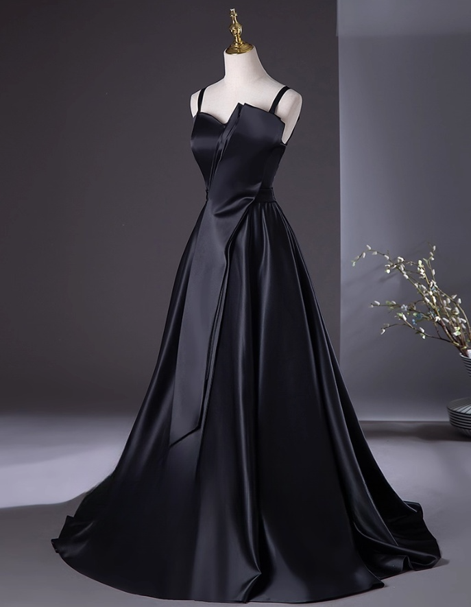 Glamorous Black Satin Prom Dress A-Line Evening Gown Spaghetti Strap Party Dress Long Evening Gown TP5207