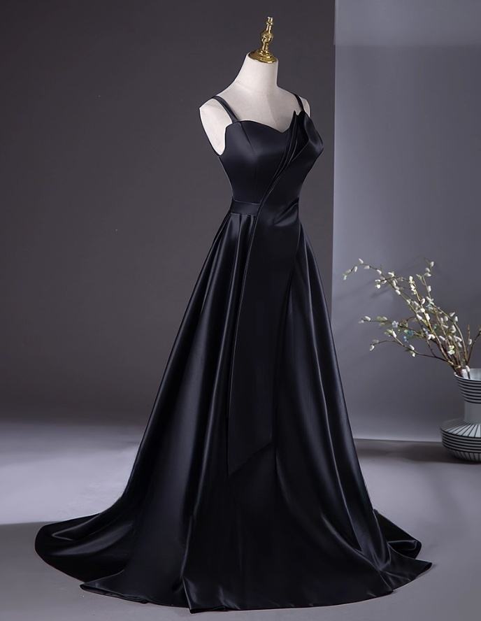 Glamorous Black Satin Prom Dress A-Line Evening Gown Spaghetti Strap Party Dress Long Evening Gown TP5207