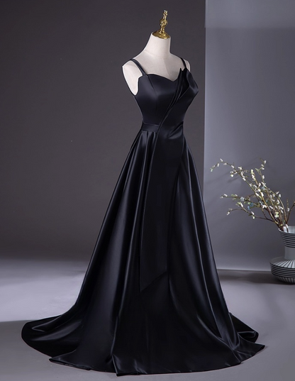 Glamorous Black Satin Prom Dress A-Line Evening Gown Spaghetti Strap Party Dress Long Evening Gown TP5207