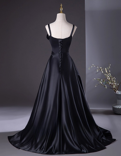 Glamorous Black Satin Prom Dress A-Line Evening Gown Spaghetti Strap Party Dress Long Evening Gown TP5207