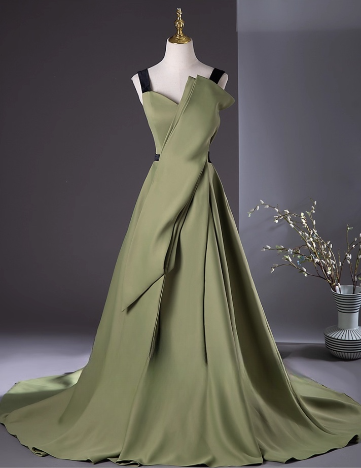 Elegant Olive Green Satin Prom Dress A-Line Evening Gown Strap Party Dress Long Evening Gown TP5208