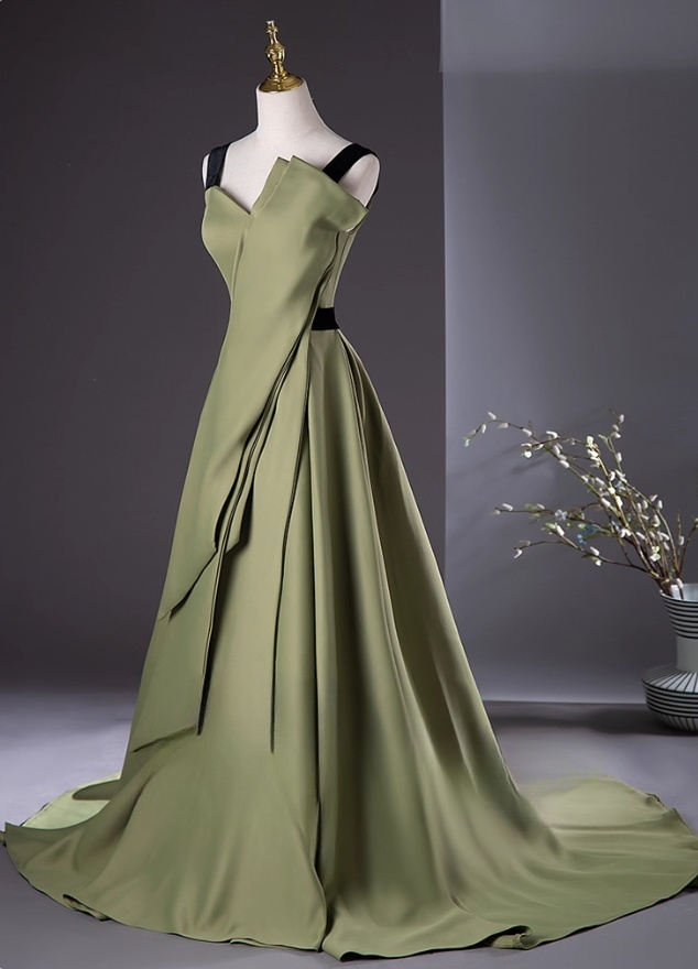 Elegant Olive Green Satin Prom Dress A-Line Evening Gown Strap Party Dress Long Evening Gown TP5208