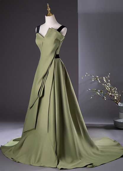 Elegant Olive Green Satin Prom Dress A-Line Evening Gown Strap Party Dress Long Evening Gown TP5208