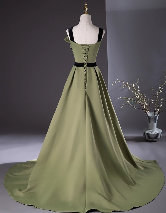 Elegant Olive Green Satin Prom Dress A-Line Evening Gown Strap Party Dress Long Evening Gown TP5208