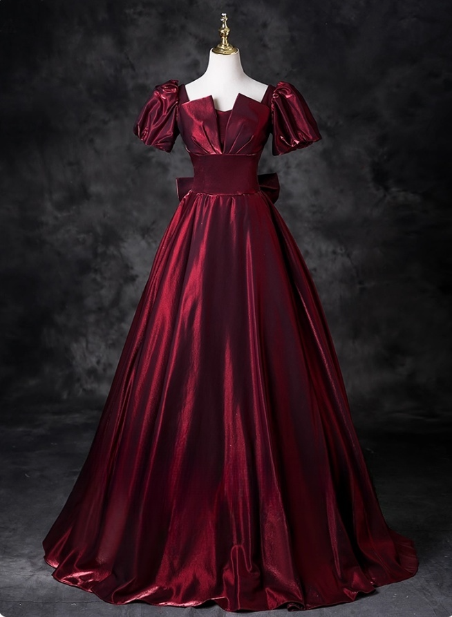 Elegant Burgundy Satin Sweet 16 A-Line Puff Sleeves Quinceanera Ball Gown TP5209