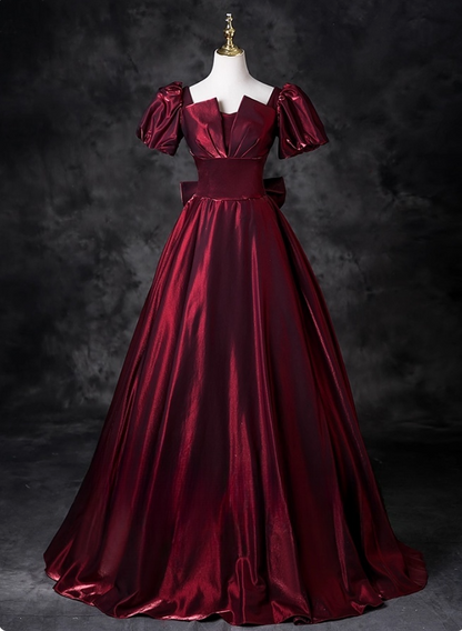 Elegant Burgundy Satin Sweet 16 A-Line Puff Sleeves Quinceanera Ball Gown TP5209