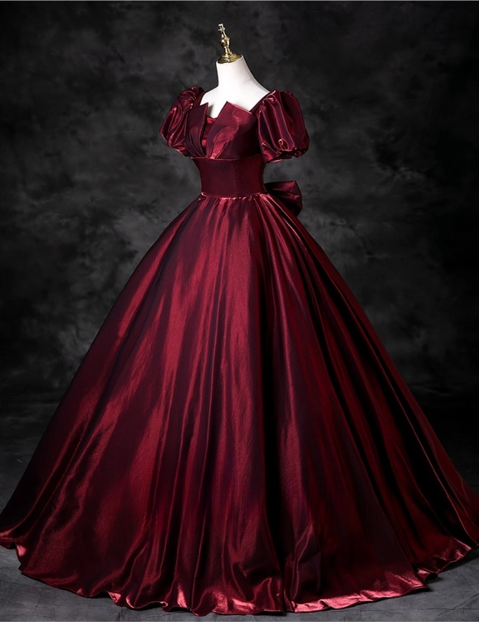 Elegant Burgundy Satin Sweet 16 A-Line Puff Sleeves Quinceanera Ball Gown TP5209