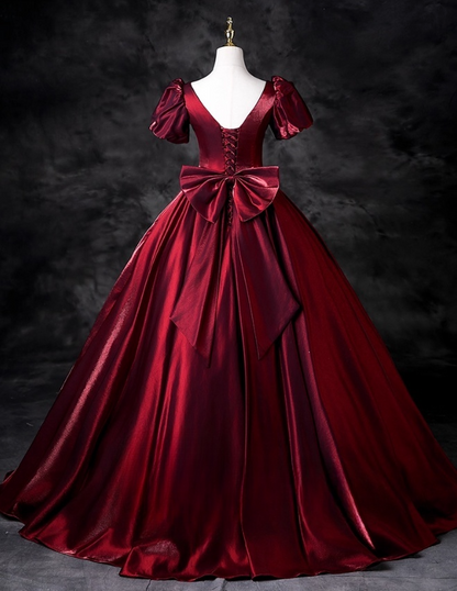 Elegant Burgundy Satin Sweet 16 A-Line Puff Sleeves Quinceanera Ball Gown TP5209