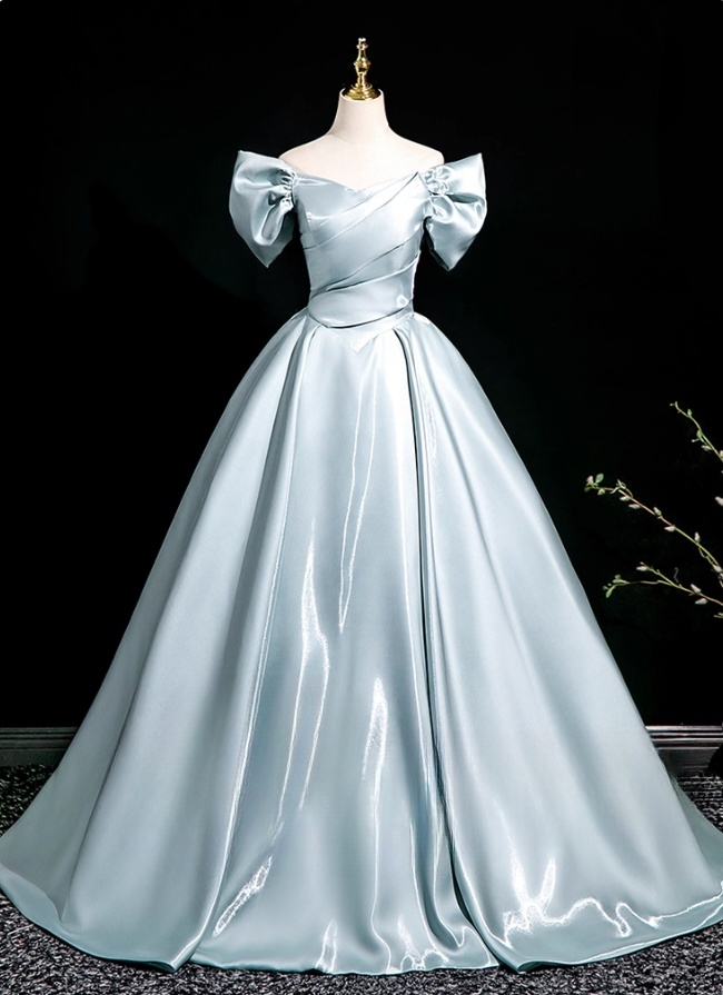 Elegant Sky Blue Satin Sweet 16 A-Line Off-the-shoulder Floor Length Quinceanera Ball Gown TP5210