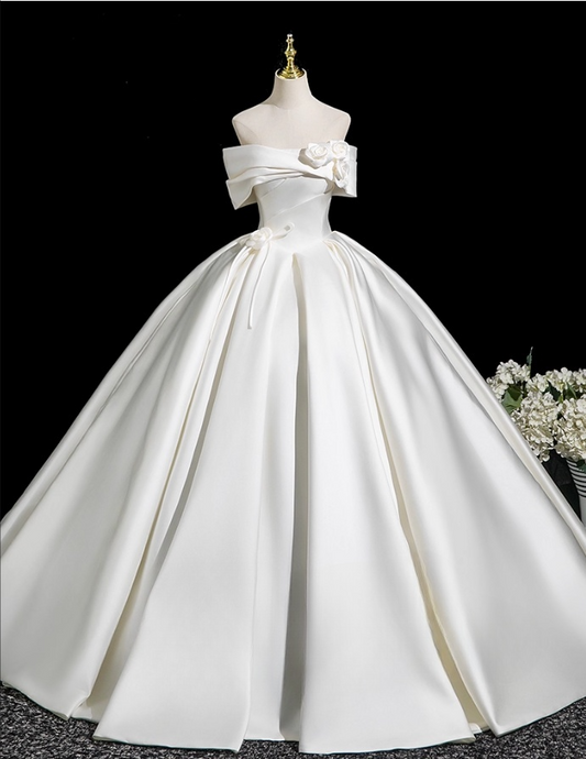 Glamorous White Satin 3D Flowers Wedding Dress A-Line Off-the-shoulder Bridal Gown TP5211