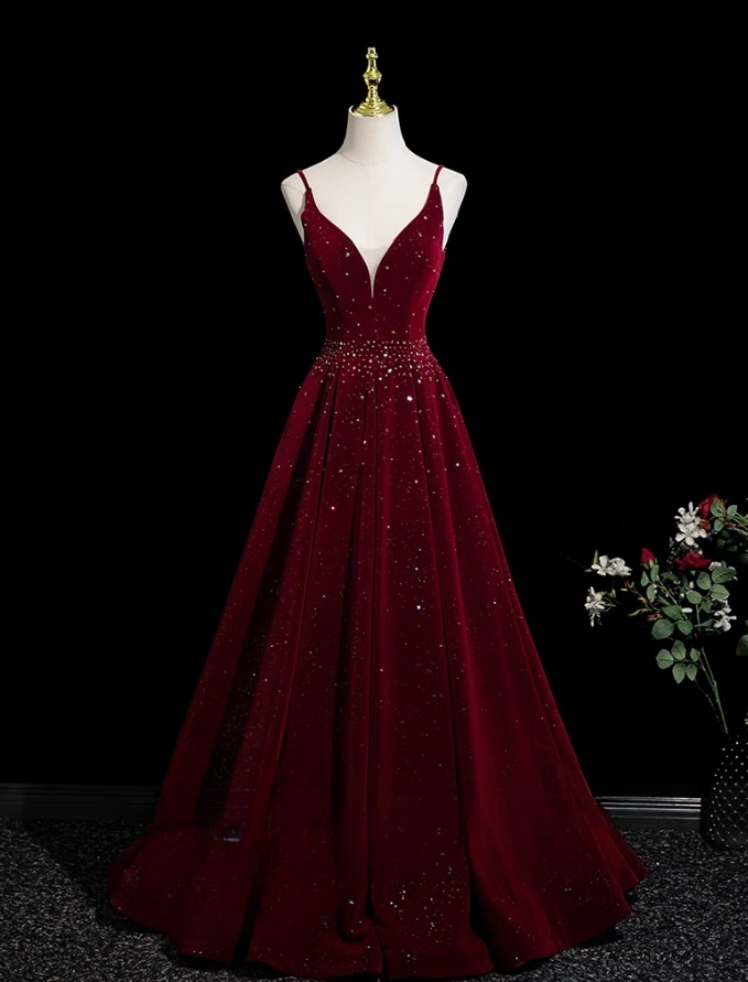 Elegant Burgundy Sequin Tulle Prom Dress A-Line V-neck Spaghetti Strap Shawl Long Evening Gown TP5212