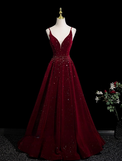 Elegant Burgundy Sequin Tulle Prom Dress A-Line V-neck Spaghetti Strap Shawl Long Evening Gown TP5212