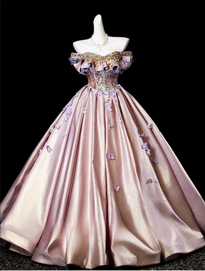 Vintage Pink Sequin Satin A-Line 3D Flowers Off-the-shoulder Long Quinceanera Ball Gown TP5213
