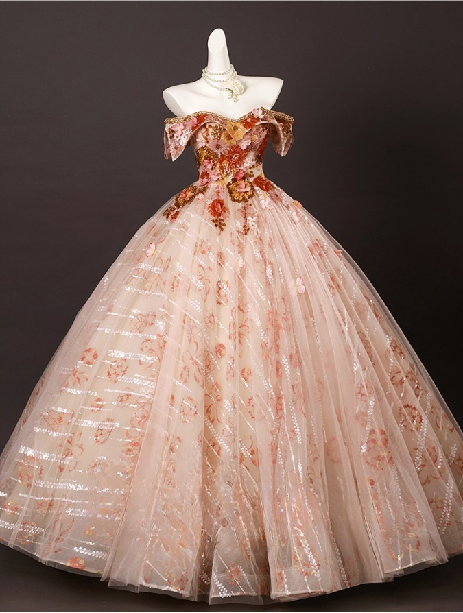 Chic Applique Sweetheart  A-Line 3D Flowers Prom Dress Off-the-shoulder Long Quinceanera Ball Gown TP5214