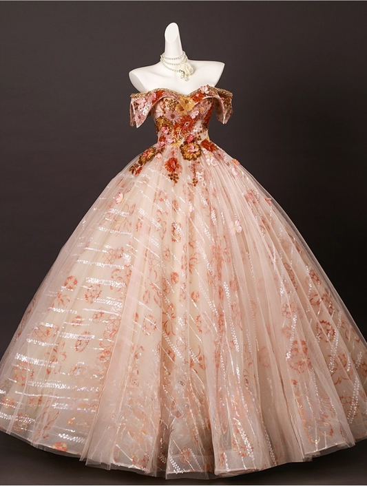 Chic Applique Sweetheart  A-Line 3D Flowers Prom Dress Off-the-shoulder Long Quinceanera Ball Gown TP5214