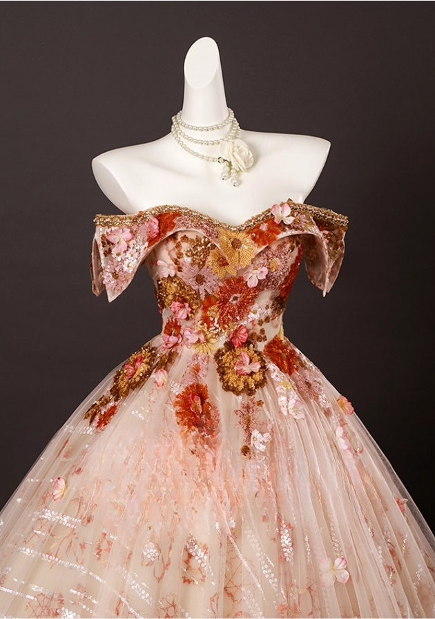 Chic Applique Sweetheart  A-Line 3D Flowers Prom Dress Off-the-shoulder Long Quinceanera Ball Gown TP5214