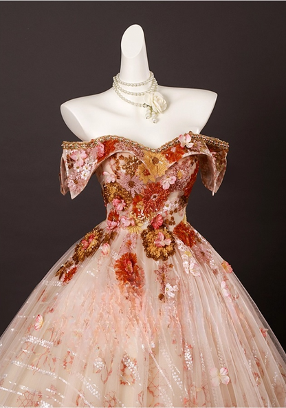 Chic Applique Sweetheart  A-Line 3D Flowers Prom Dress Off-the-shoulder Long Quinceanera Ball Gown TP5214