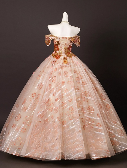 Chic Applique Sweetheart  A-Line 3D Flowers Prom Dress Off-the-shoulder Long Quinceanera Ball Gown TP5214