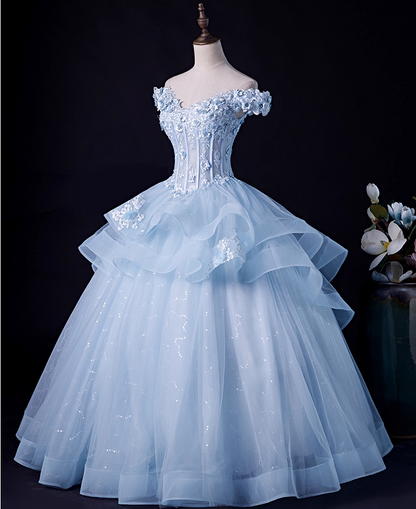 Chic Sky Blue Applique A-Line Off-the-shoulder Long Quinceanera Ball Gown TP5215