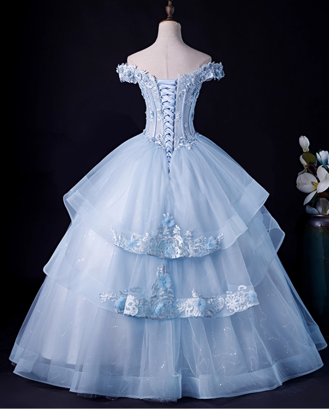 Chic Sky Blue Applique A-Line Off-the-shoulder Long Quinceanera Ball Gown TP5215