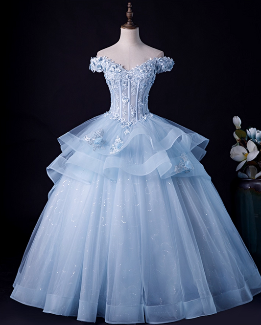 Chic Sky Blue Applique A-Line Off-the-shoulder Long Quinceanera Ball Gown TP5215