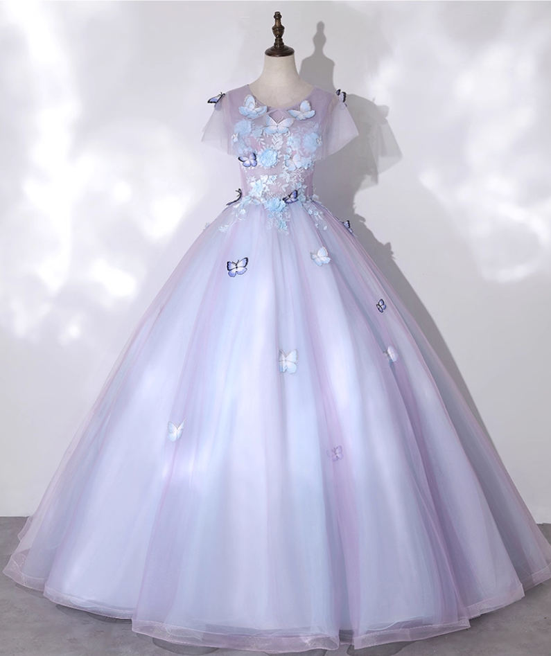 Chic Lilac 3D Butterflies Applique A-Line Short-sleeved Tulle Long Quinceanera Ball Gown TP5216
