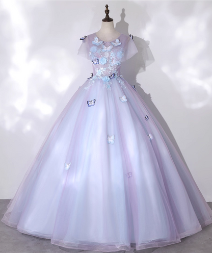 Chic Lilac 3D Butterflies Applique A-Line Short-sleeved Tulle Long Quinceanera Ball Gown TP5216